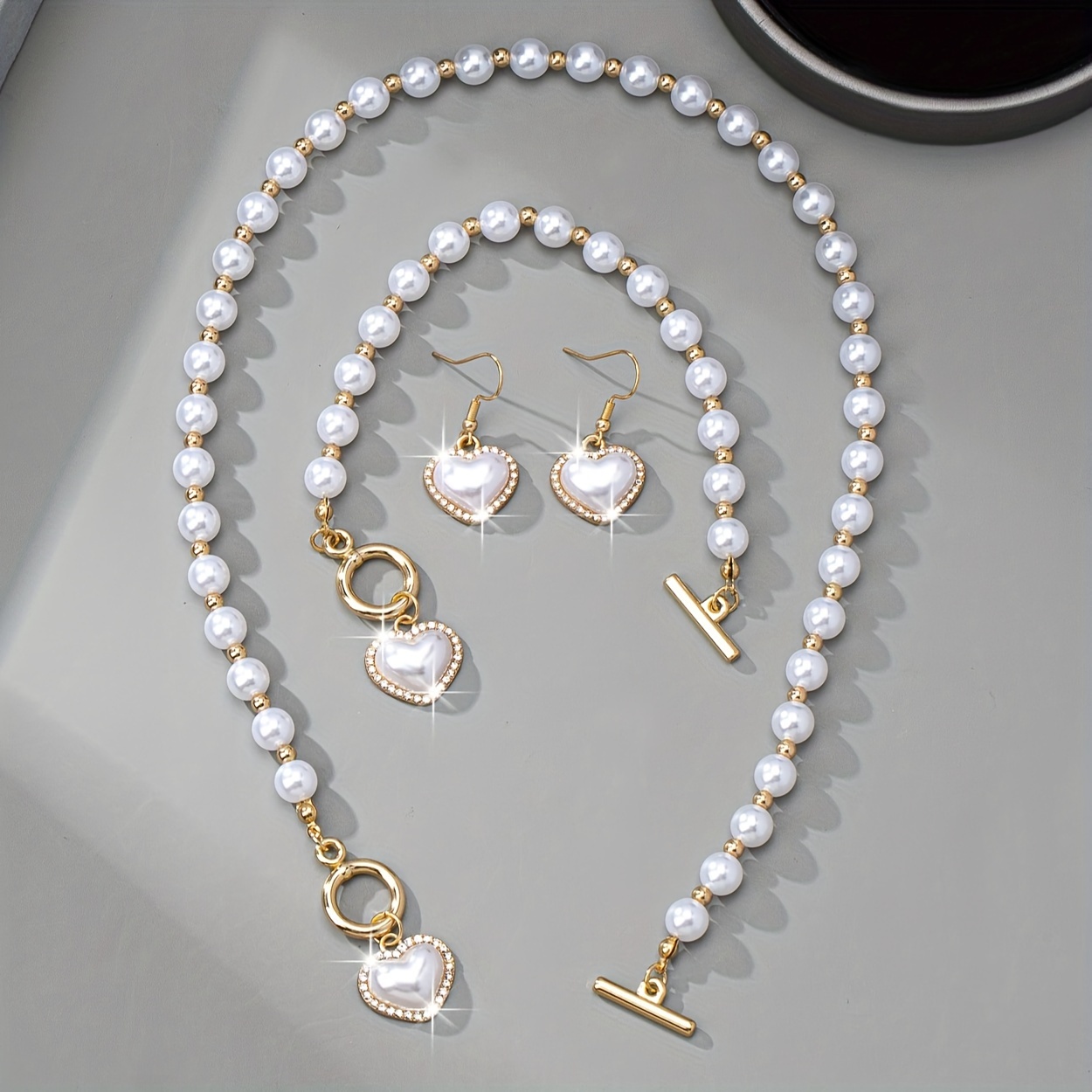 18K Gold Plated Pearl Jewelry Set with Rhinestone Accents